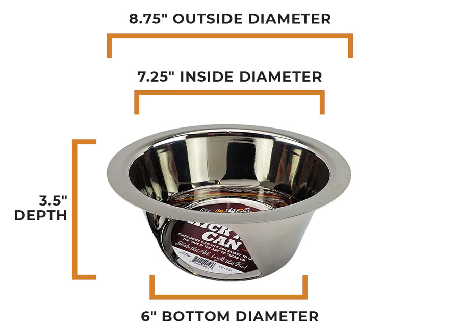 Dimensional rendering of the Kick Ash Can for Big Green Egg: 8.75-inch top OD, 7.25-inch ID, 3.5-inch depth, and 6-inch bottom diameter for a precision firebox fit.