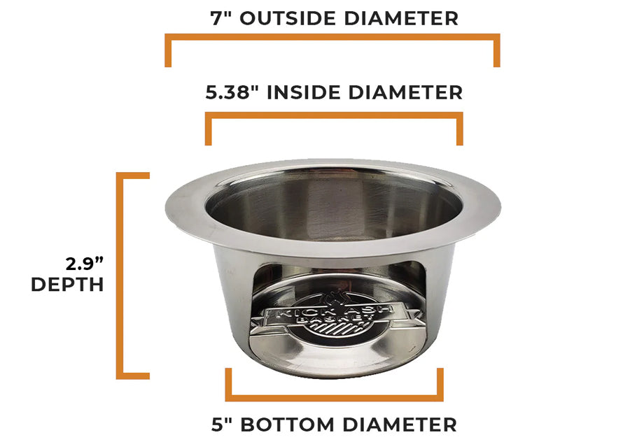 Dimensional rendering of the Medium Big Green Egg Kick Ash Can showing a 7-inch top outside diameter, 5.38-inch top inside diameter, 2.9-inch depth, and a 5-inch bottom diameter to ensure a perfect fit in the firebox bottom hole.