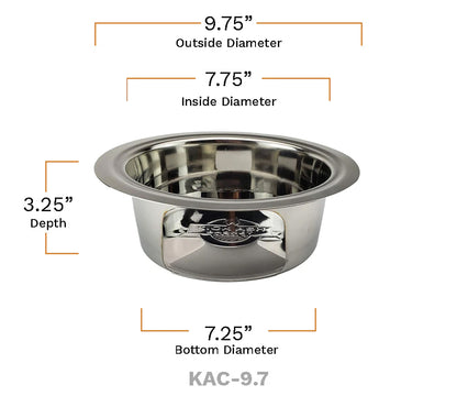 Dimensional rendering of the Vision Grills Kick Ash Can showing a 9.75-inch top outside diameter, 7.75-inch top inside diameter, a 7.25-inch bottom diameter and a  3.5-inch depth.