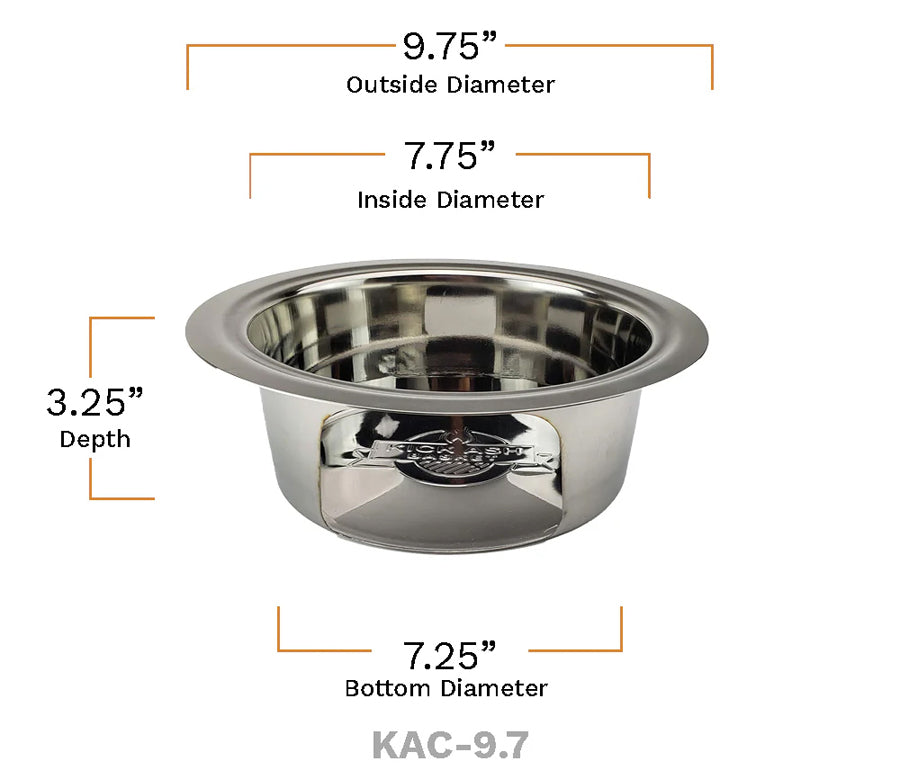 Dimensional rendering of the Vision Grills Kick Ash Can showing a 9.75-inch top outside diameter, 7.75-inch top inside diameter, a 7.25-inch bottom diameter and a  3.5-inch depth.