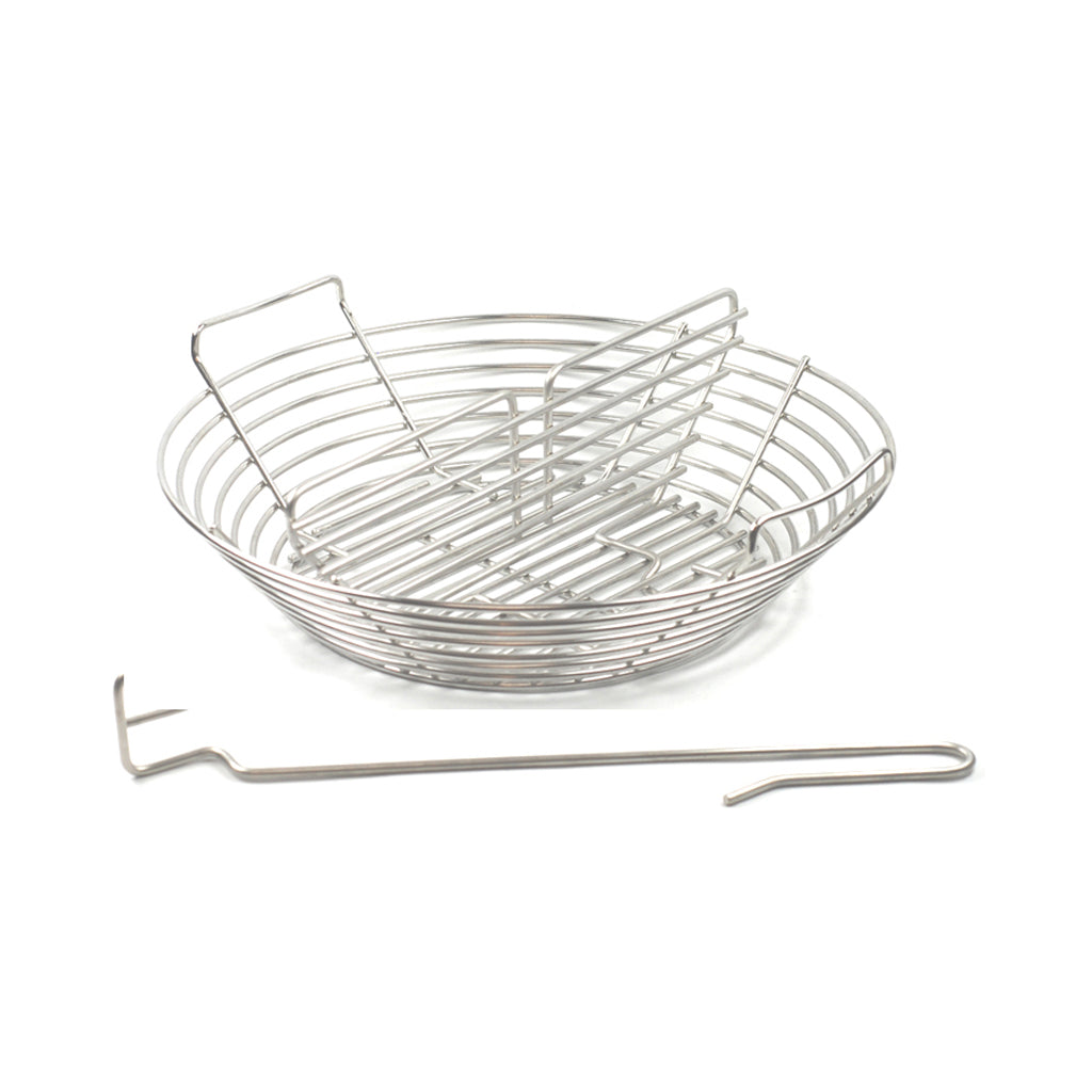 Kick Ash Baskets, Cans and Dividers for Kamado, Ceramic Grills.  All Basket come with Ceramic Grill Store's free Lump Rake. 