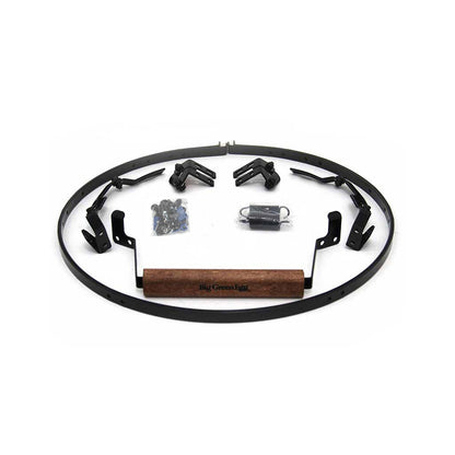 All the OEM parts to a Large, XL and 2XL Big Green EGG Band and Hinge Kit are displayed. For each grill, the kit incudes: two bands, four hinges, two springs, handle, hardware pack for each.