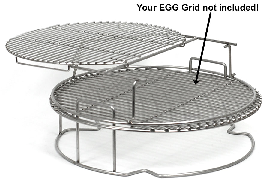 Large Big Green EGG PSWoo EGGspander Combo with ConvEGGtor basket, 2nd grid extender and top 16" sliding Grid pushed back on the extender. Shown with the Large Big Green EGG grid for illustrative purposes but grid is not included.