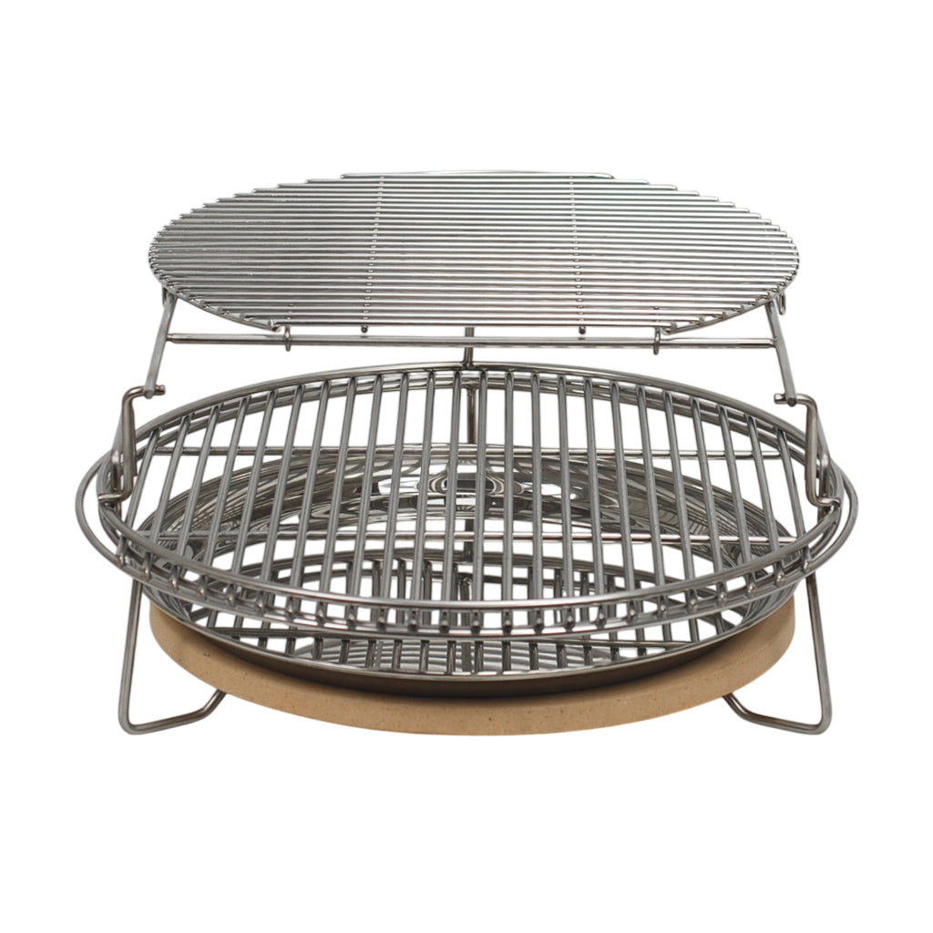 CGS Large 3 Leg Woo Ring set up indirect with 16-inch half-moon deflectors, 16-in drip pan and large grid atop the Woo. On the large grid is the 2nd level with Woo Extender and 16-inch sliding D Grid.