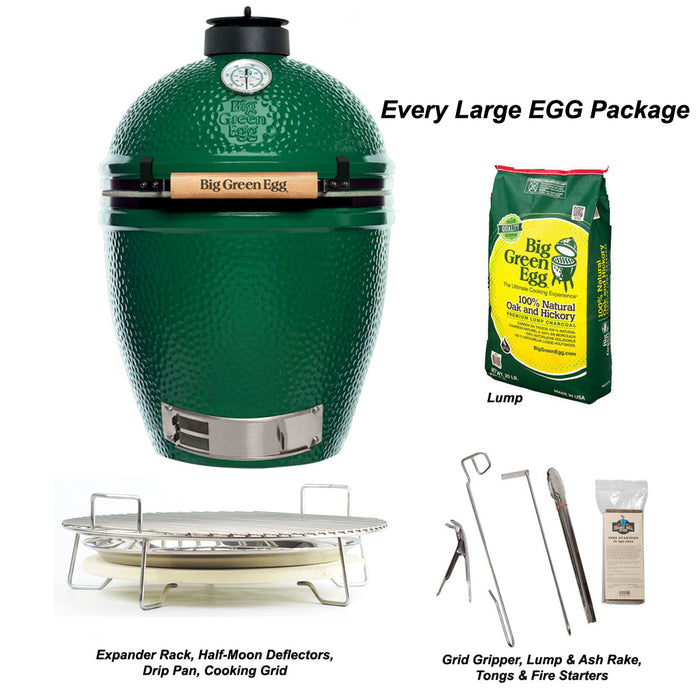 Ceramic Grill Store's Large Big Green EGG package includes Large EGG, CGS Expander with Half-Moon Deflector plates and 16" Stainless Drip Pan, bag of charcoal and 5 piece Accessory Bundle.