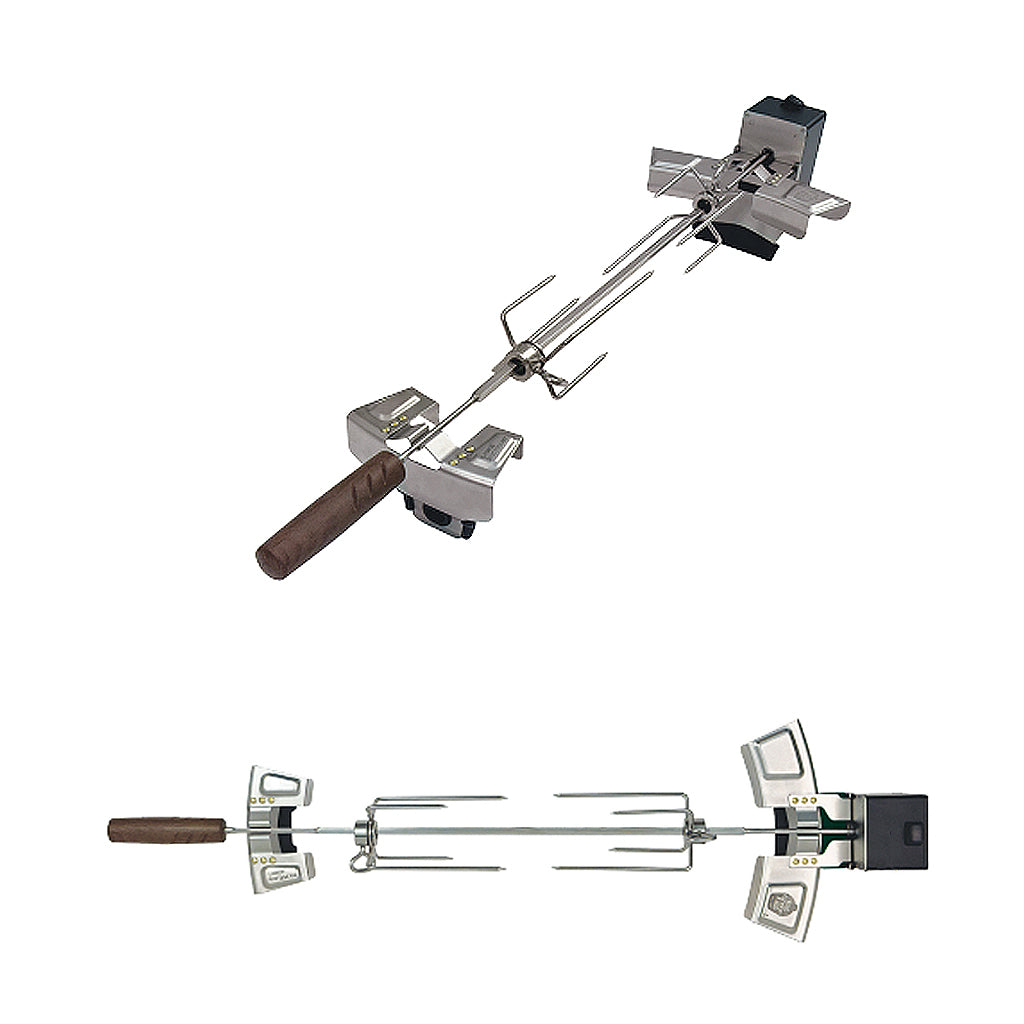 New for 2025, the Large Big Green EGG Rotisserie kit with Marine Grade 316 Stainless, Micarta non-slip handle, protective silicone pads, powerful weatherproof motor with 10 ft cord.