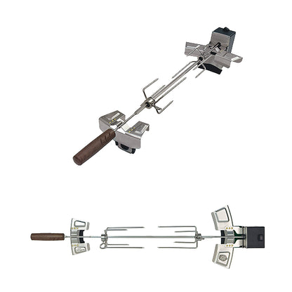 New for 2025, the Large Big Green EGG Rotisserie kit with Marine Grade 316 Stainless, Micarta non-slip handle, protective silicone pads, powerful weatherproof motor with 10 ft cord.