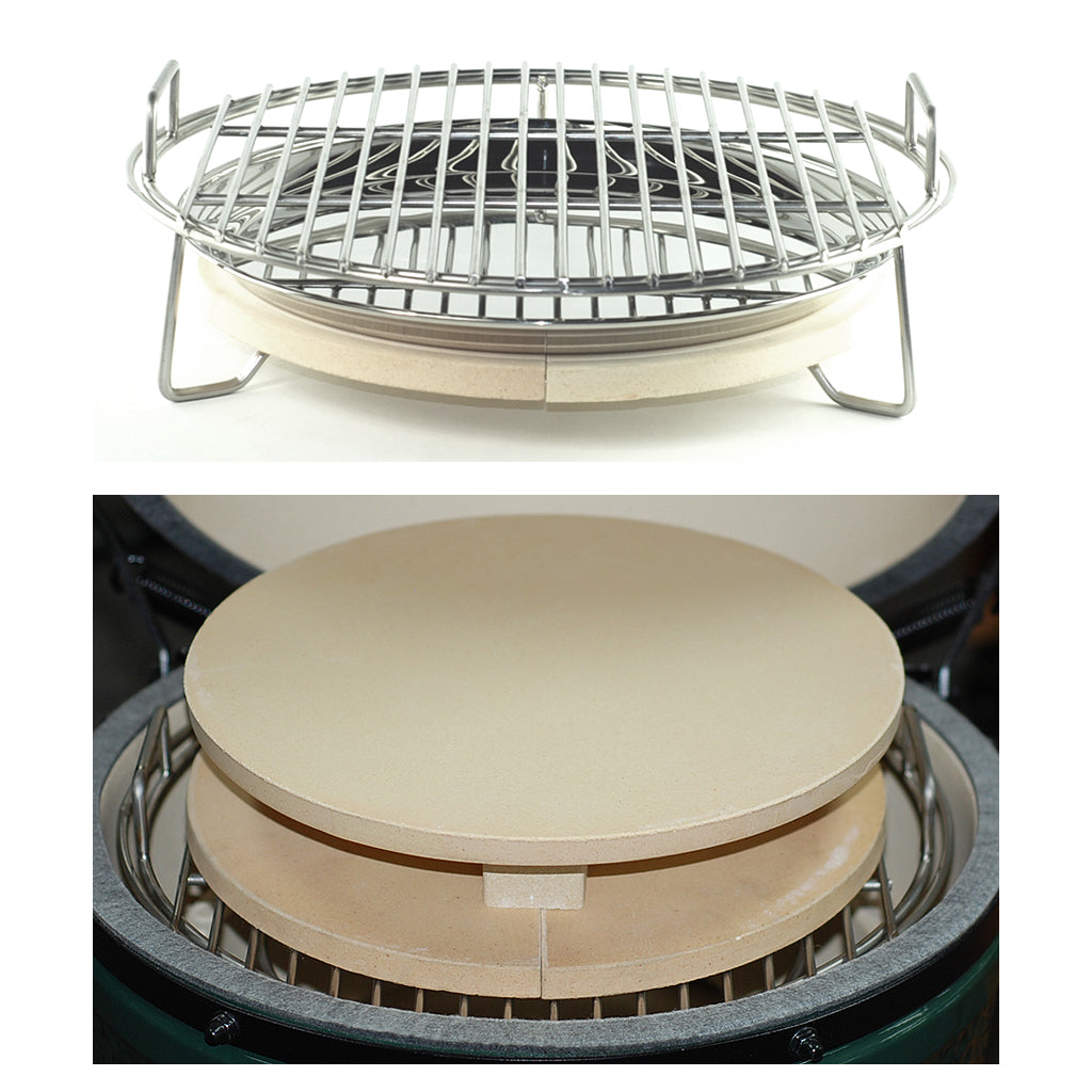 Medium Big Green EGG setup and sizing guide for heat deflectors, stainless drip pans, and pizza stones.