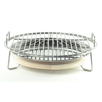 Complete set-up with the Medium Big Green EGG Expander, 13" Half-Moon Deflectors, 14" Stainless Drip Pan and 16" Big Green EGG cooking grid. 