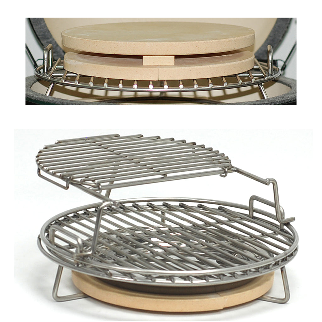 MiniMax Big Green EGG setup and sizing guide for heat deflectors, stainless drip pans, and pizza stones.
