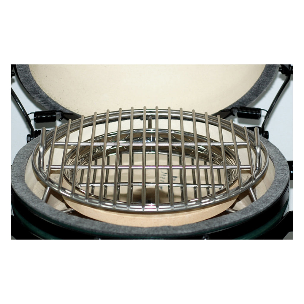 MiniMax Big Green EGG Expander with half-moon deflectors and drip pan set-up inside the MiniMax EGG.