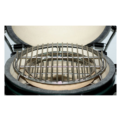 MiniMax Big Green EGG Expander with half-moon deflectors and drip pan set-up inside the MiniMax EGG.