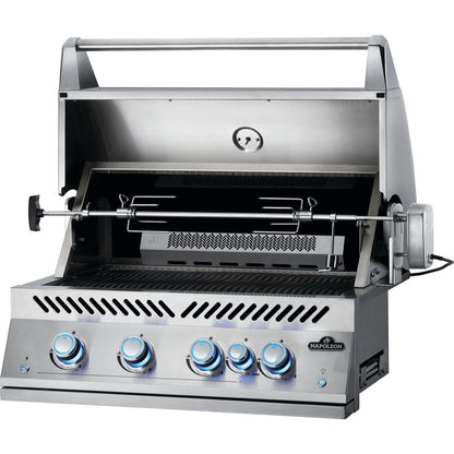Napoleon 700 Series 32 gas grill with hood open showing the rotisserie install, front angle view.