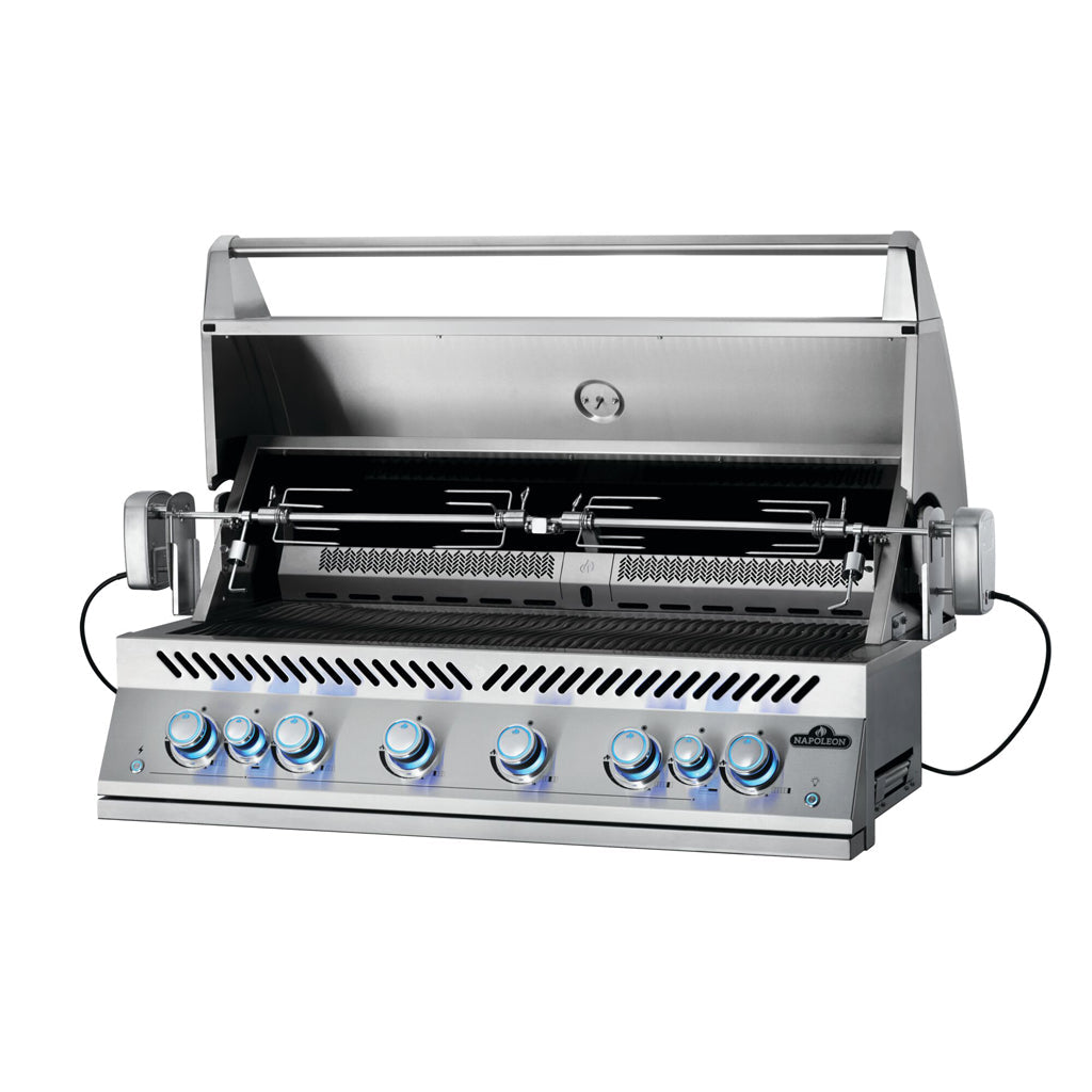 Napoleon 700 Series 44 Built-In Gas Grill with hood opening showing dual rotisserie.