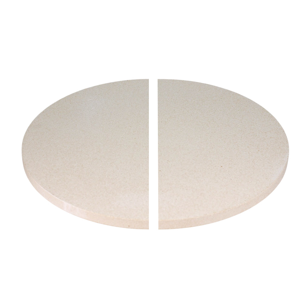 Pair 18" half-moon ceramic heat deflectors for the XL Big Green EGG. Deflectors work with CGS XL Woo, Adjustable Rig & Flexible 2nd Grid, and Big Green EGG XL Eggspander.