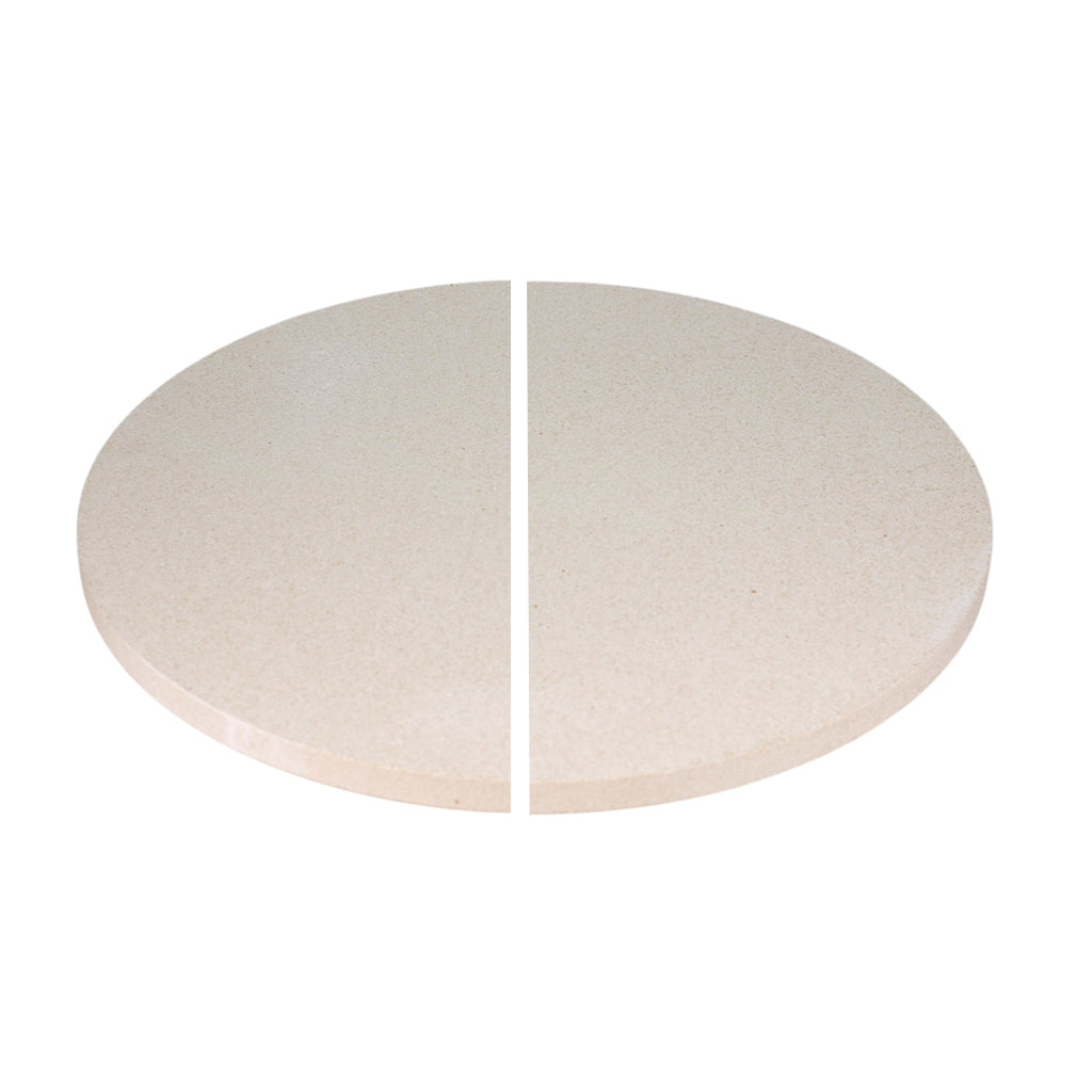 Pair of CGS half-moon ceramic heat deflectors and pizza stone, available in 10