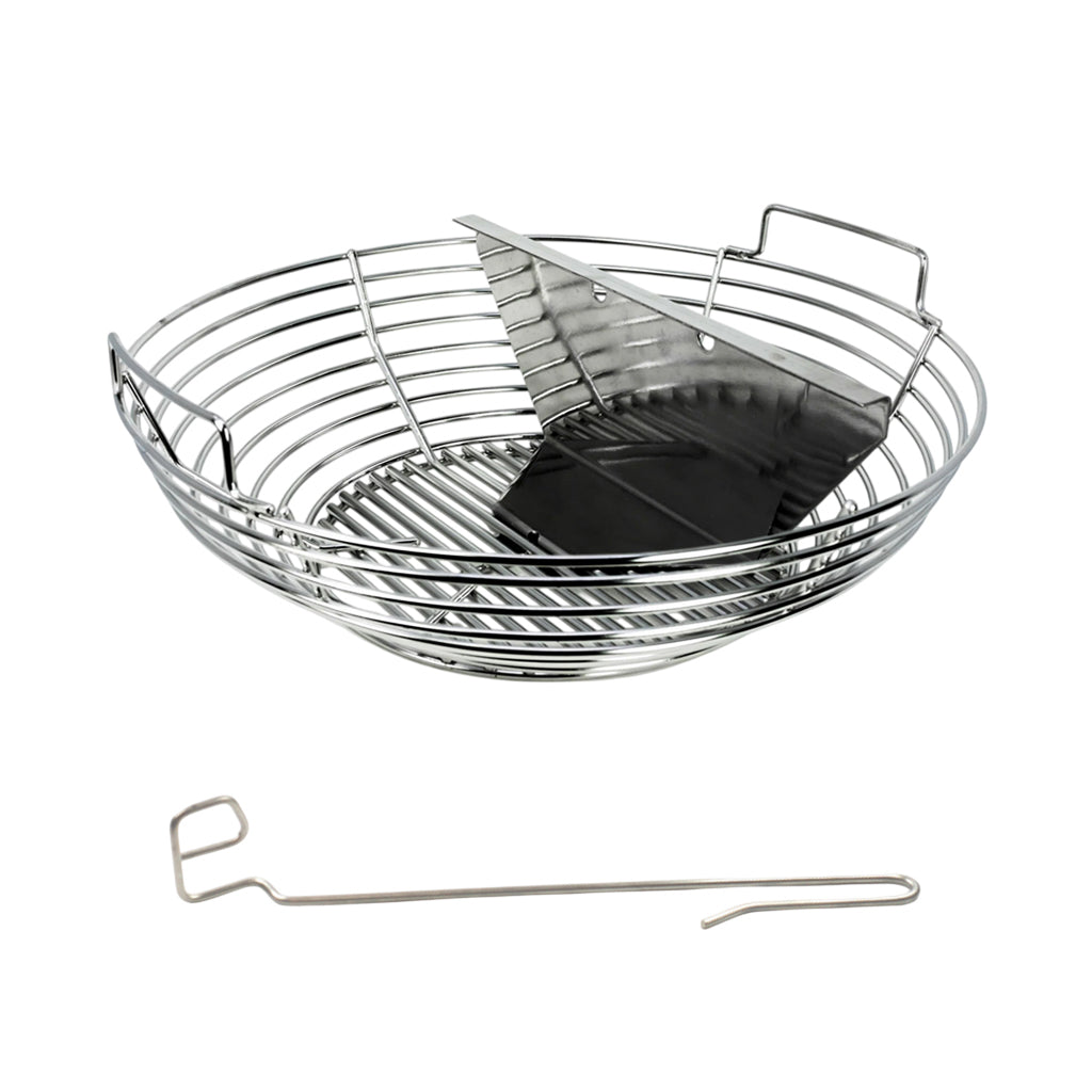 Front side view of the Kick Ash Basket, KAB-17, and Kick Ash Divider, KAB-DL-DIV, for the Pit Boss 24 and Louisiana Grills 24 kamdo grills. Also includes a FREE CGS Lump Rake.