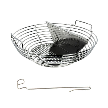 Front side view of the Kick Ash Basket, KAB-17, and Kick Ash Divider, KAB-DL-DIV, for the Pit Boss 24 and Louisiana Grills 24 kamdo grills. Also includes a FREE CGS Lump Rake.