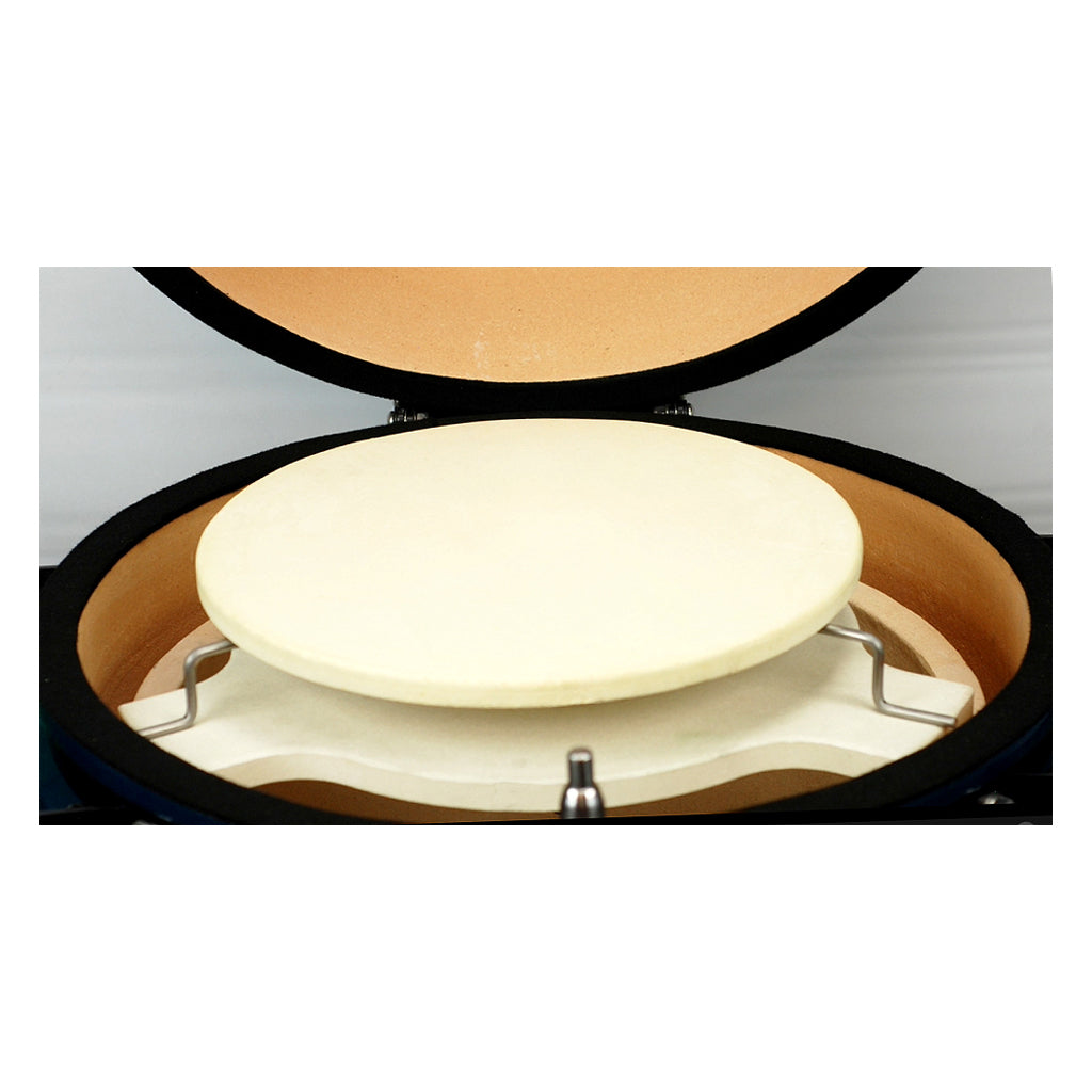 Easy pizza set in the Pit Boss and LG 24 Kamado using the CGS Accessory Rack  and pizza stone atop the platesetter.