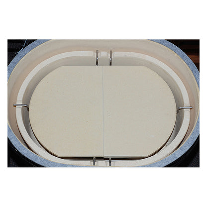 Top down view of a pair of Primo Grill XXL Oval Deflector Racks supprting a pair of ceramic heat deflectors inside the grill.