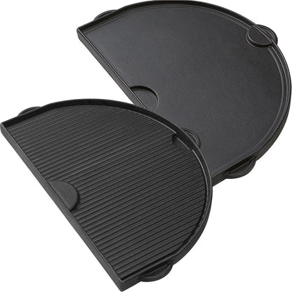 Dual sided, D shaped, cast iron griddle for the Primo Junior Oval kamado grill. One side is ribbed. The other side is flat. Grill requires two for full converage.