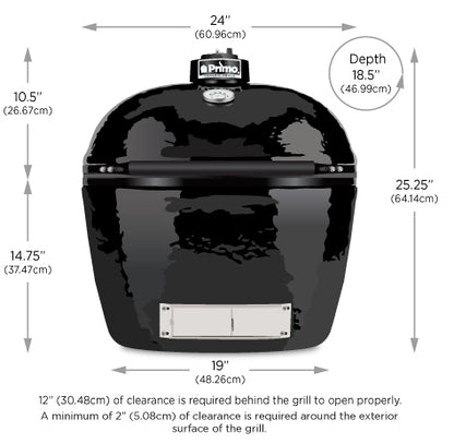 Spec sheet listing the Large Primo Oval Grill's width (24"), depth (18.5") and height (25.25").