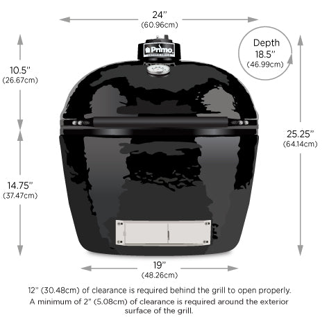 Spec sheet listing the Large Primo Oval Grill's width (24"), depth (18.5") and height (25.25").