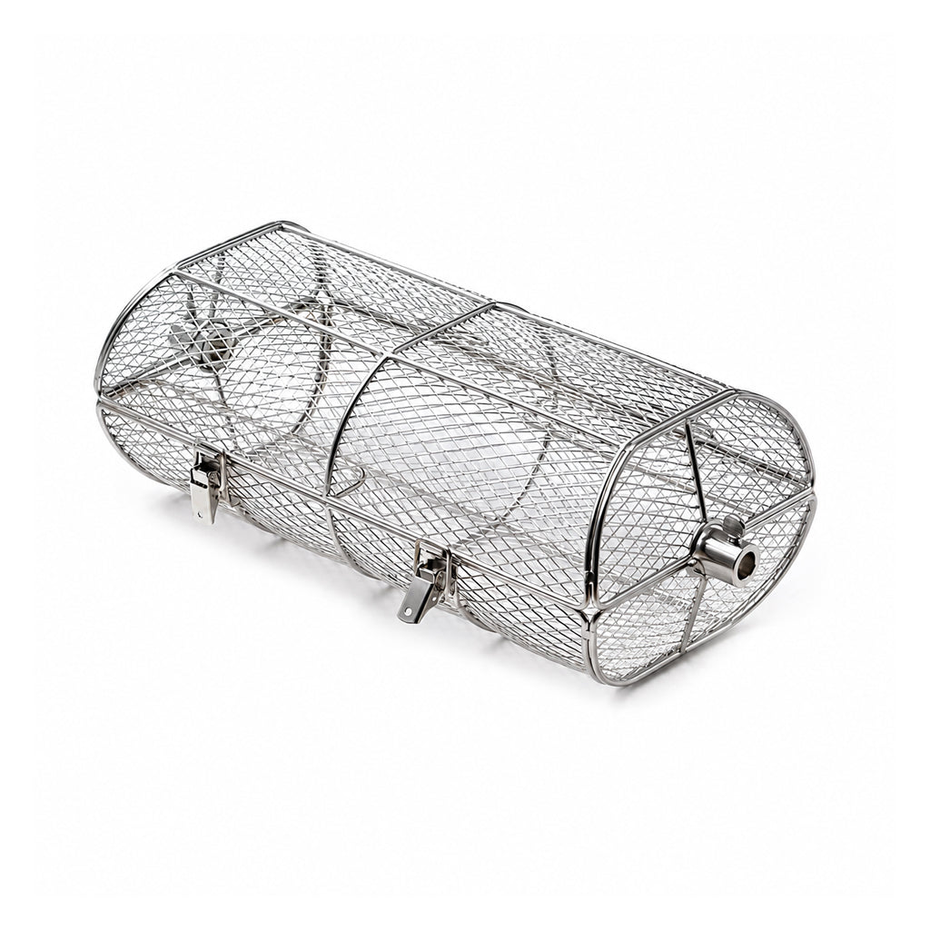 Primo rotisserie oval basket for use with rotisseries.