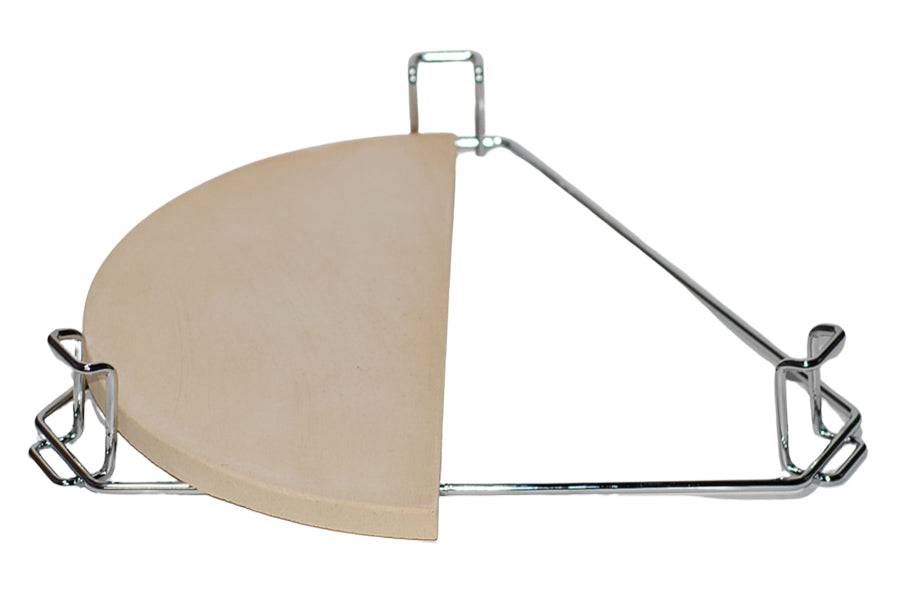 Primo Round deflector rack with pair of 15-inch half-moon deflector plates. Use one deflector plate for two zone grilling cooks.