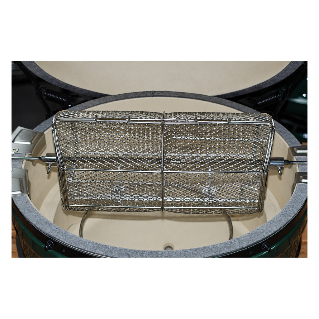 Front view of rotisserie basket setup in a Large Big Green EGG; basket fits both Large and XL EGG rotisseries.