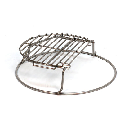 Angled top view of the CGS sliding 2nd Grid for the Small Big Green EGG. Grid is  at home position atop the Extender.