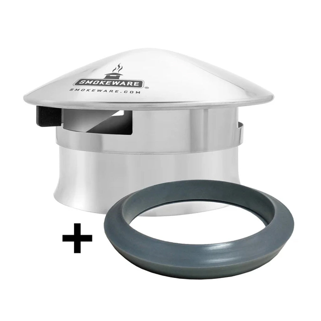 Smokeware Stainless Steel Chimney Vent Cap and High-Temp Silicone Adapter for MiniMax and Small Big Green Egg. Provides an airtight seal for precision temperature control on BGE and Kamado Joe Junior grills.