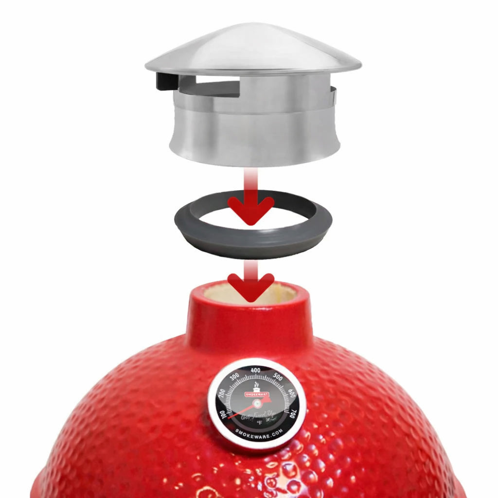 Illustration how the Smokeware Cap Adapter works with the Smokeware Cap and then placement of the adpater on the Joe Junior Kamado Joe chimney, then the Smokeware cap. 
