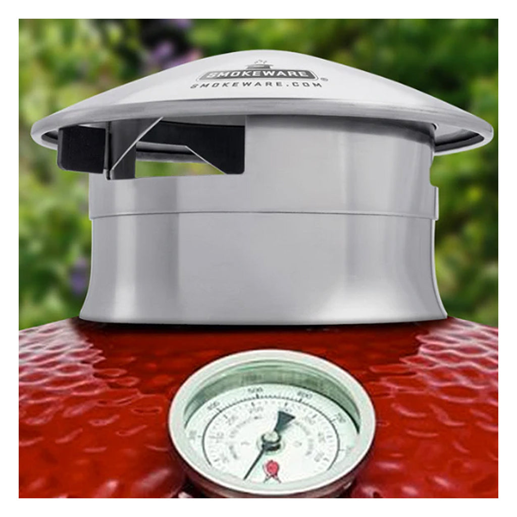Side view of the Smokeware cap on a Kamado Joe Big Joe grill. Side vent is open. Smokeware Cap fits all Classic and Big Joe Kamado Joe grills.