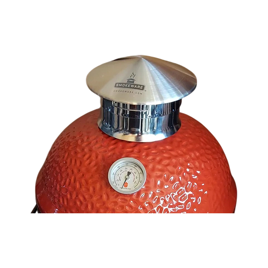 Side angle view of a Smokeware Cap on a Kamado Joe Joe Junior grill.