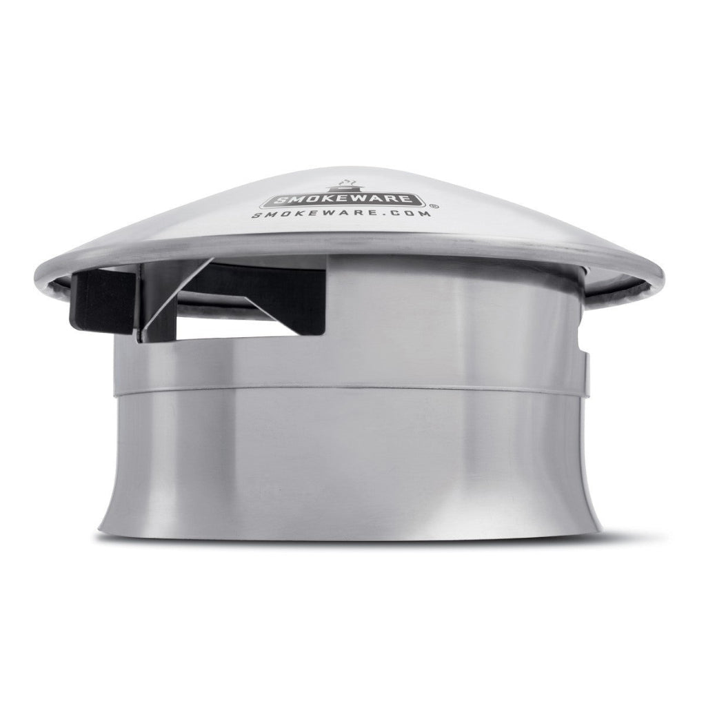 Smokeware Cap replaces the Primo old daisy wheel and current damper top. Smokeware Cap is all Stainless and with side venting protects better against rain and snow. Fits XXL, XL & Large Oval, and Kamado Round Primo grills.