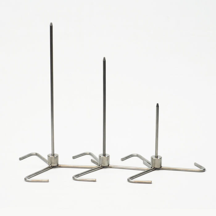 three (5", 9" and 12") options for a vertical meat skewer, meat spit, for tacos al pastor. Each has a threaded removable vertical skewer and wide 3 leg base.  