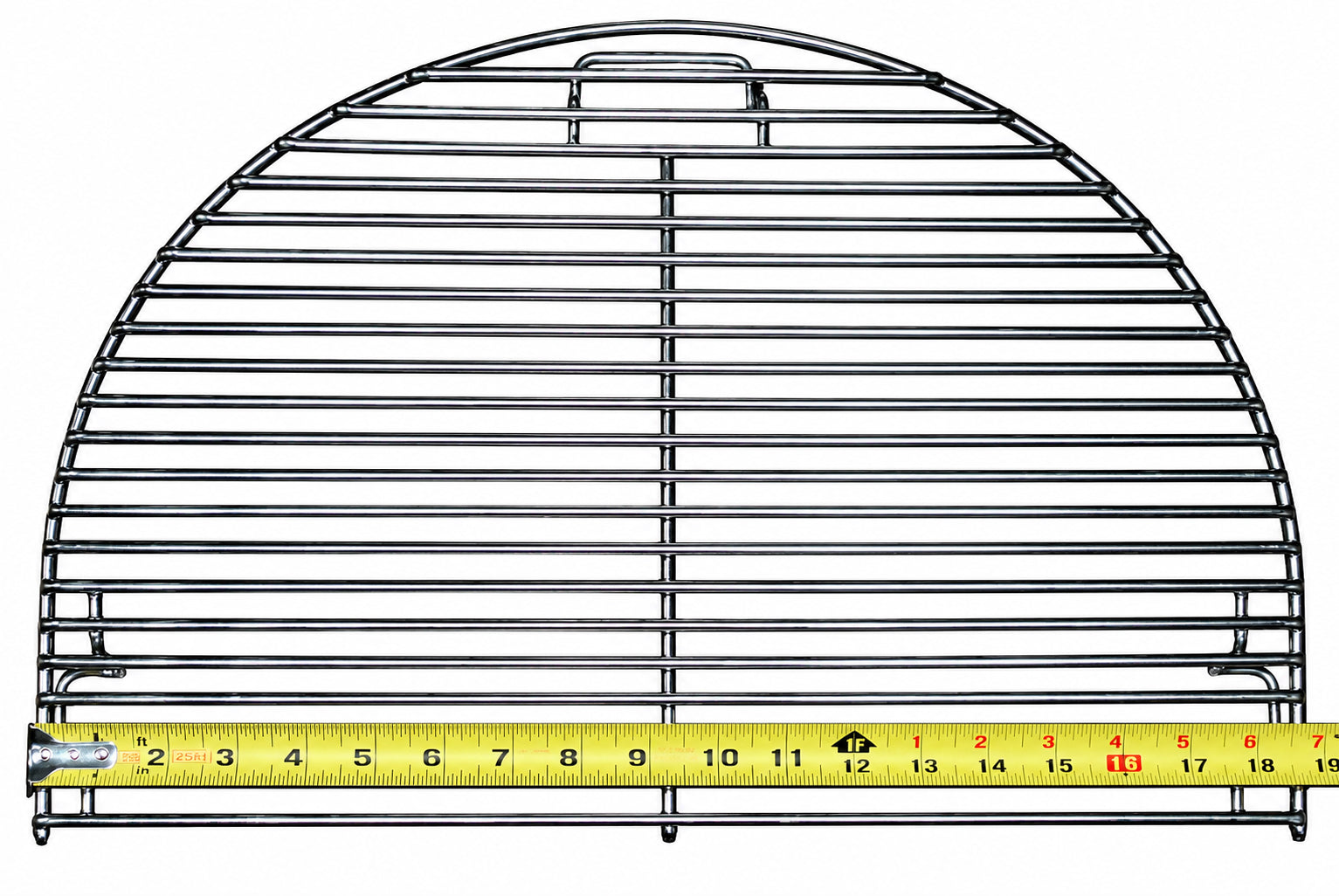 Measuring a Primo Oval cooking grid with a tape measure to identify your Primo Oval grill size