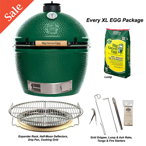 Big sale on our XL Big Green EGG Package. Includes grill, rack system, charcoal, heat deflectors, drip pan, and assorted tools.