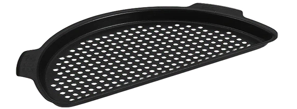 XL  Big Green EGG Perforated Cooking pan. Pan has multiple 1/4-inch size holes on the pans bottom to allow heat to move over the food. Pan needs to rest on another cooking grid for support.
