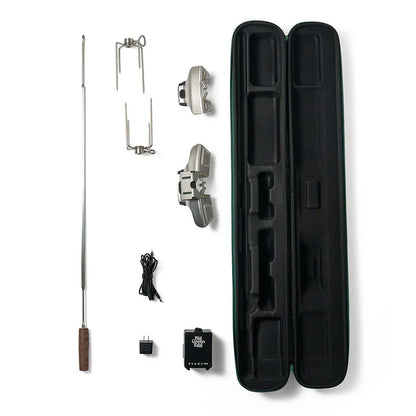 XL Big Green EGG rotisserie kit with pieces layed out and case open. Kit includes 316 stainless spit, forks and mounts, and usb motor and AC adapter.