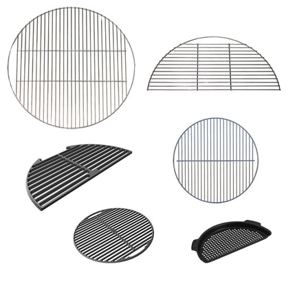 Stainless and cast iron grids that work in tandem with the CGS XL Spiders for the XL Big Green EGG. Grids include: 24" XL EGG grid, 12"x24" half-moon XL EGG Grid, XL Cast Iron Grid, 20" CGS stainless grid, 18" Large Big Green EGG Cast Iron Grid, XL Big Green EGG Perforated Grid and Pan.

The 12"x24" half-moon XL Grid is a full 24" cut in half and not the XL half-moon EGGspander grid.
