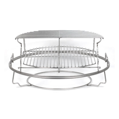 Best EGGspander system for the XL Big Green EGG with XL Woo Expander, XL Adjustable Rig w/ Crossbars, 16"x20" Oval and 20" Half-Moon Stainless Grid. Works with the XL EGG cooking grid and XL Big Green EGG ConvEGGtor. 