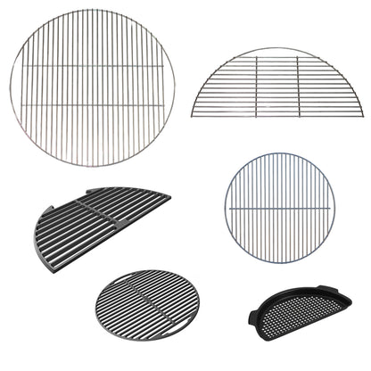 Stainless steel, cast iron, and perforated cooking grids compatible with the CGS XL Woo Expander for XL Big Green EGG.