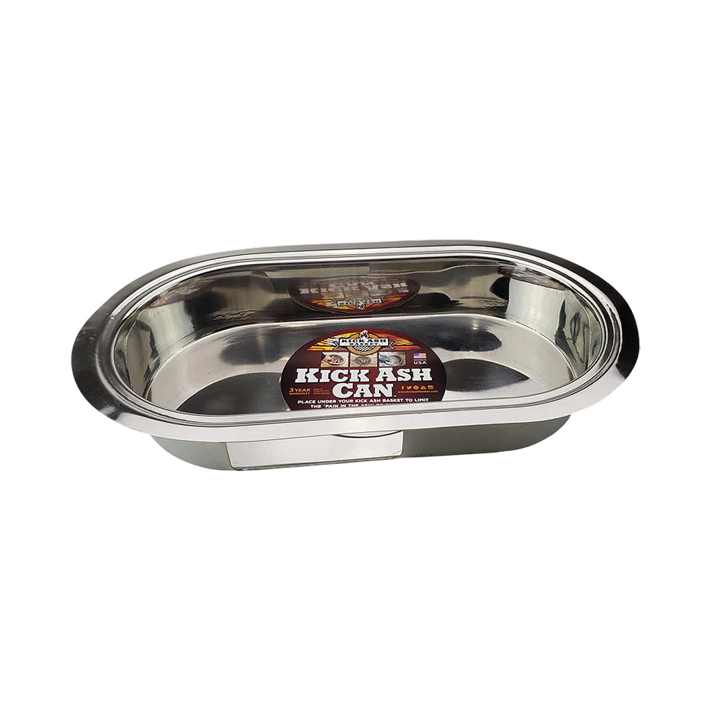 Side profile of the Primo Oval XXL Kick Ash Can showing the heavy-duty 304 stainless steel construction for the Primo XXL 500 kamado grill.