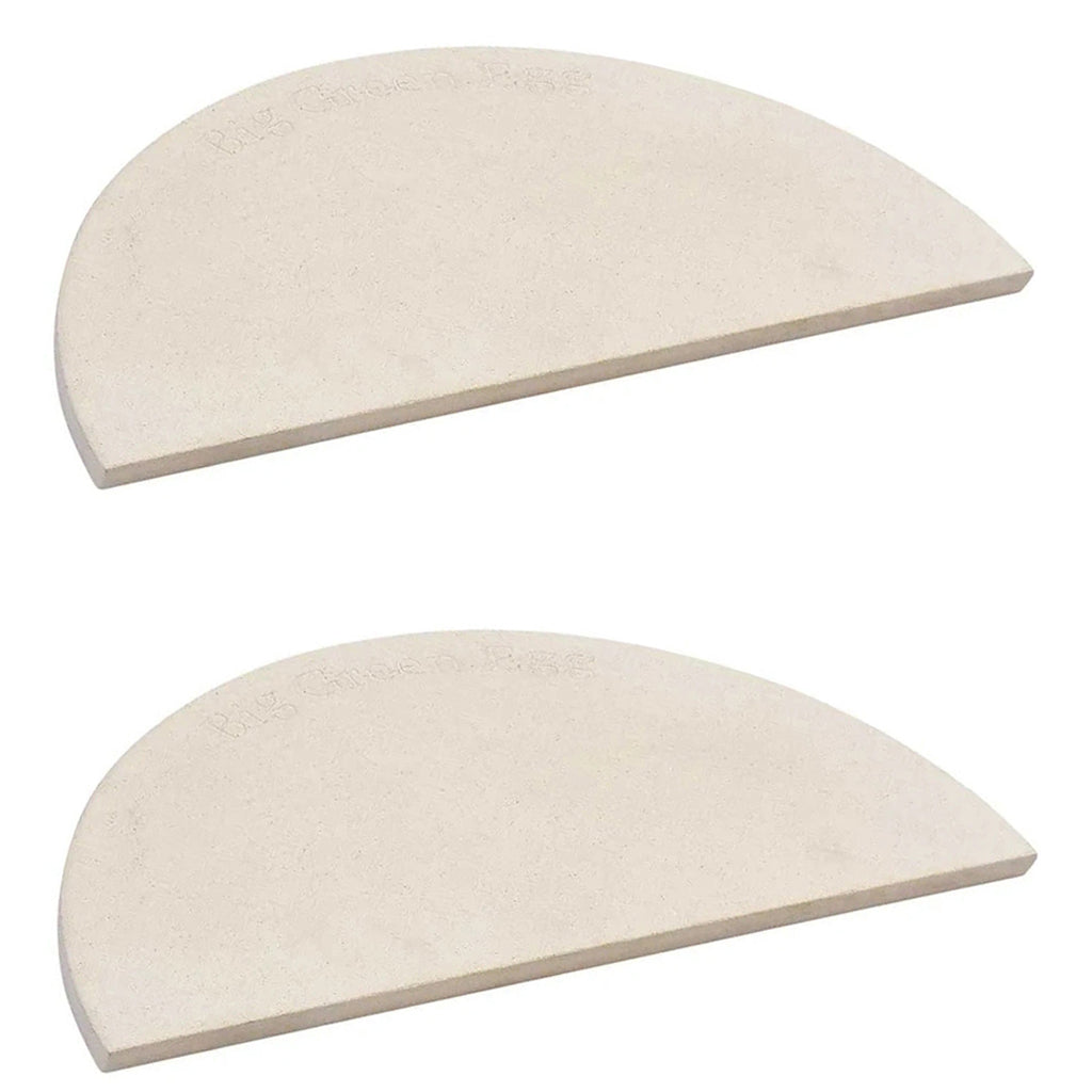 Two 24", half moon, heat deflector stones for the 2XL Big Green EGG. Use two half moon stones for heat deflectors when smoking barbeque. The 2XL ConvEGGtor Basket is required as it holds the two, 24", half moon stones. 