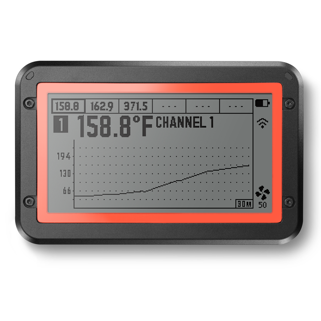 Front view of the FireBoard 2 Drive, FBX2D, LCD screen showing how a cook graph displays.