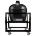 Primo Grill's XL Oval grill (PGCXLH) sitting in Primo Grill's metal cart without side shelves (PG00368). 