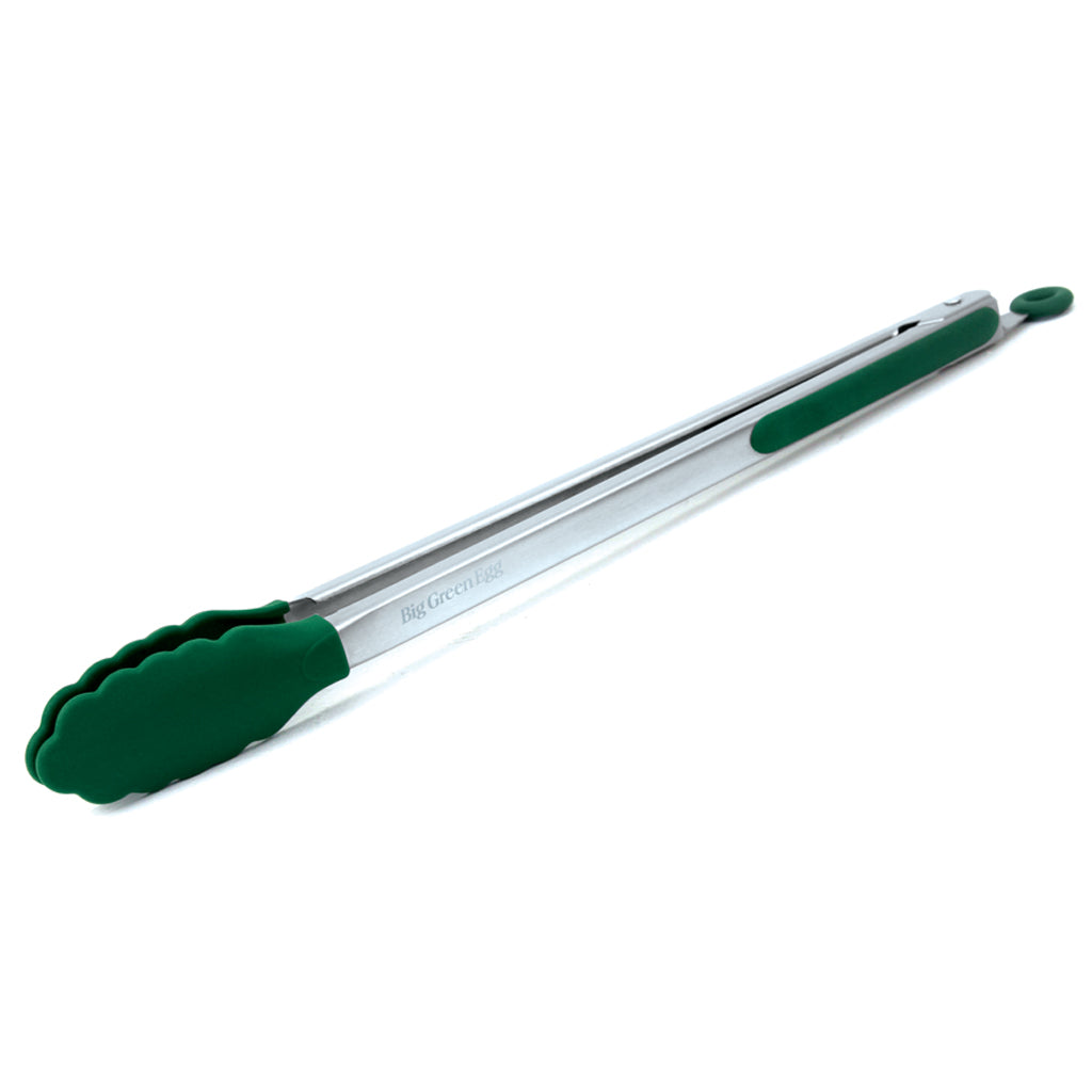 Side view of the Big Green Egg 16" silicone tip tongs with soft grip handle and push/pull locking top clip.