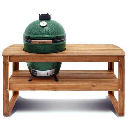 Front view of the Big Green Egg Acacia Table with Egg and Table Nest.